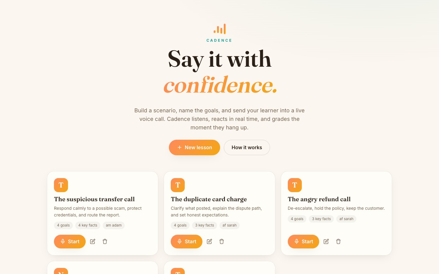 Cadence’s scenario-based conversation practice lesson catalog