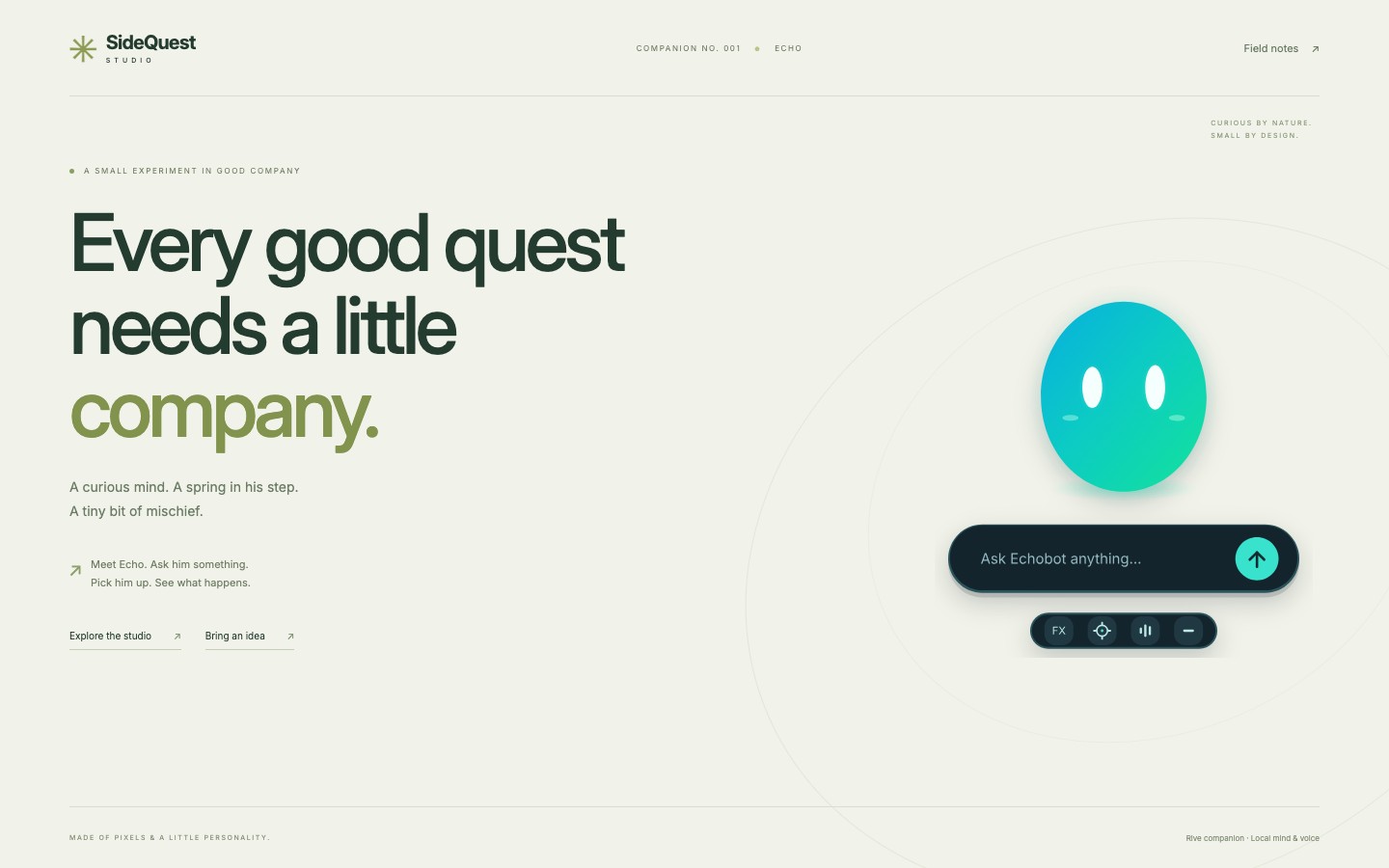 EchoBot’s cyan and mint Rive orb companion with its conversation controls