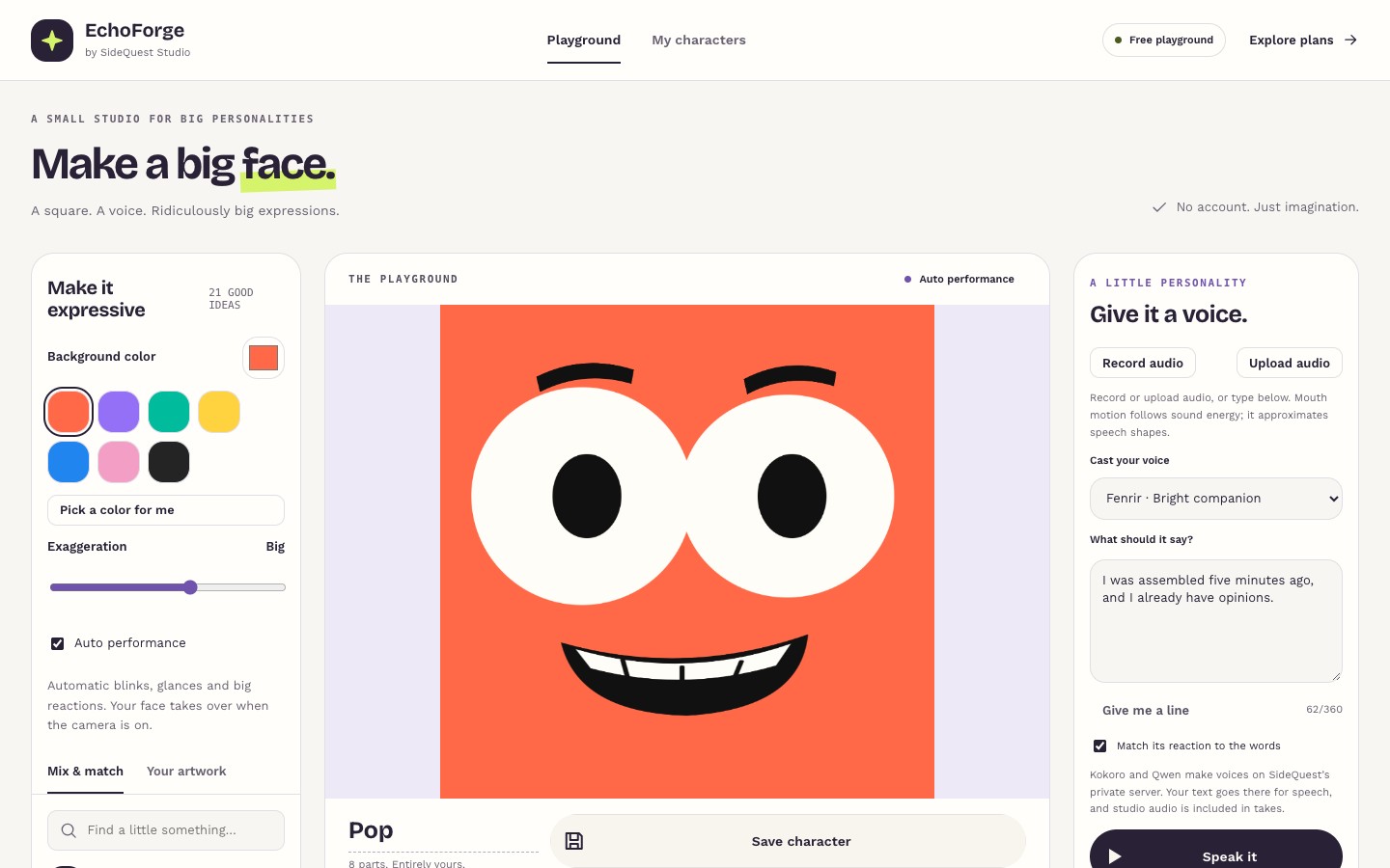 EchoForge’s current square-face Rive builder with Pop, Deadpan, Wild, facial parts, and studio voice controls